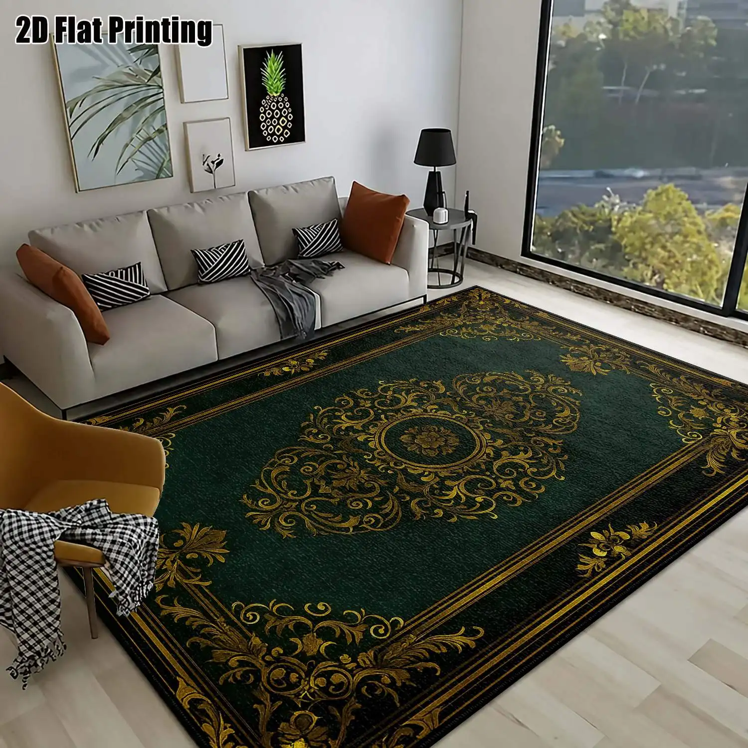 1Pc 2D Printed Carpet: Retro Dark Green & Gold Pattern, European Style, Machine Washable, Multi-Size for Home Decor, Entrance/Dining/Bedroom/Living Room Use