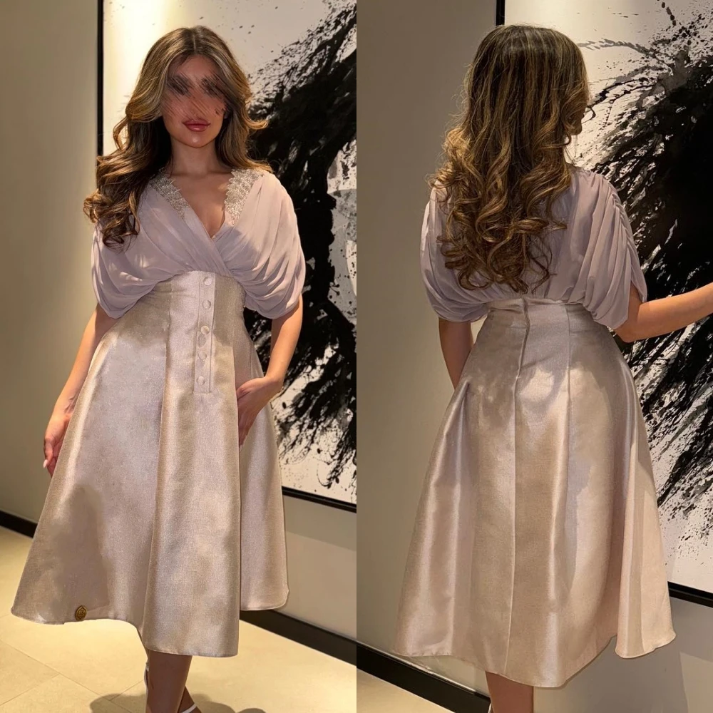 Prom Dress Saudi Arabia Satin Pleat Button Formal Evening A-line V-neck Bespoke Occasion Gown Midi Dresses