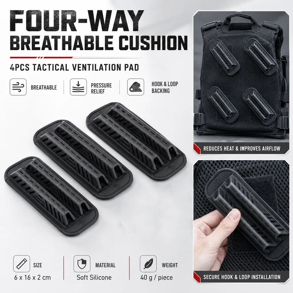 QX 4PCS Tactical Vest Breathable Cushion Four-Way Ventilation Pad Soft Silicone Airflow Pad Hook Loop Back Support