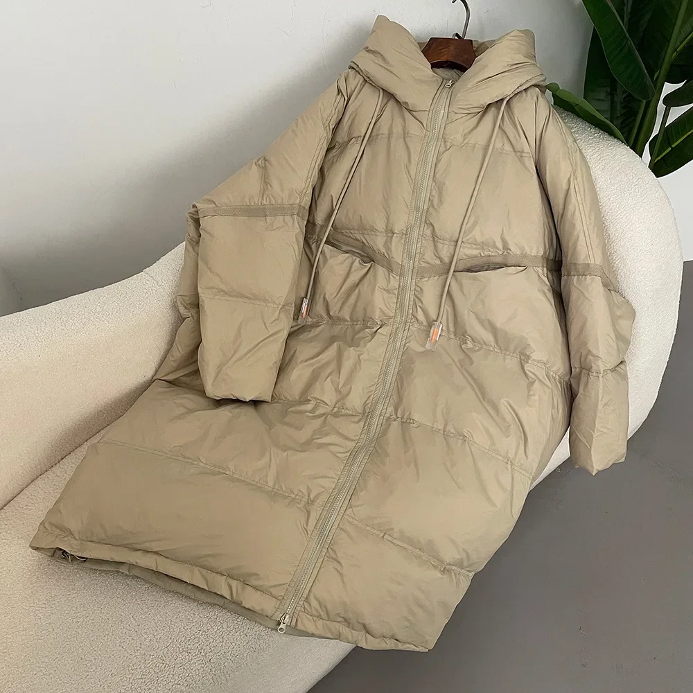 Donsjack Damesmode 2025 Herfst Winter Dikke lange witte eendendonsjas Warme grote losse donsjack met capuchon voor dames