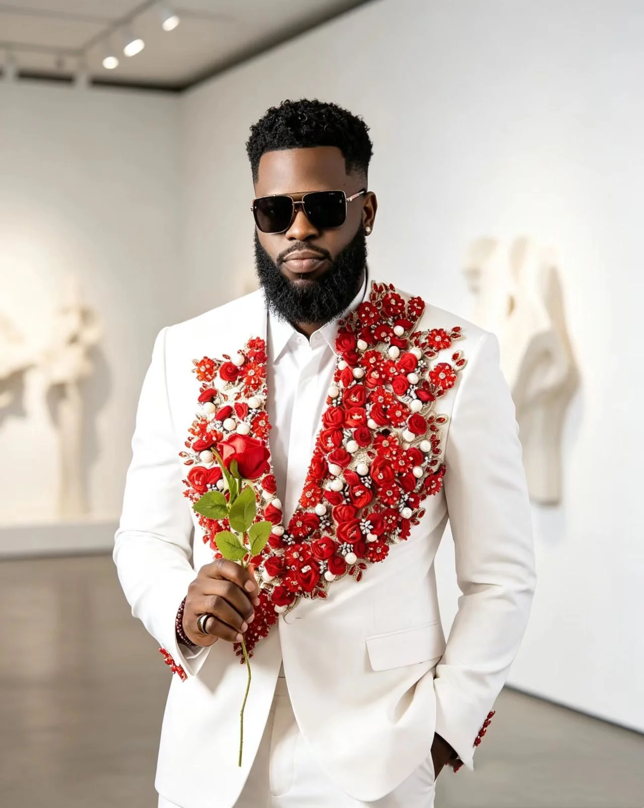 White Men Suits Pants Set 2 Pcs Blazer+Trousers Red Flower Cotton Wedding Tuxedos Jacket Formal Office Business Coat Outfit