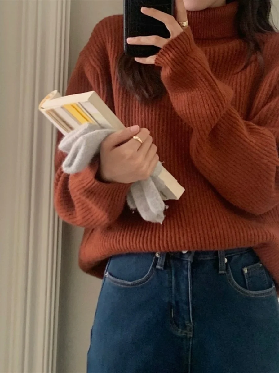 سترة محبوكة بياقة عالية من Thiened سترة نسائية كسول بلون نقي كبير سترة رقيق إحساس كراميل لاتيه Sle تصميم حلو #1