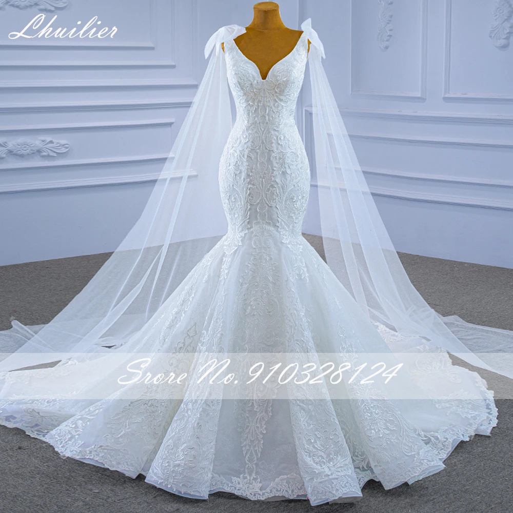 Lhuilier Real Photos V Neck Mermaid Lace Wedding Dresses Sleeveless Floor Length Court Train Bridal Gowns with Sashes