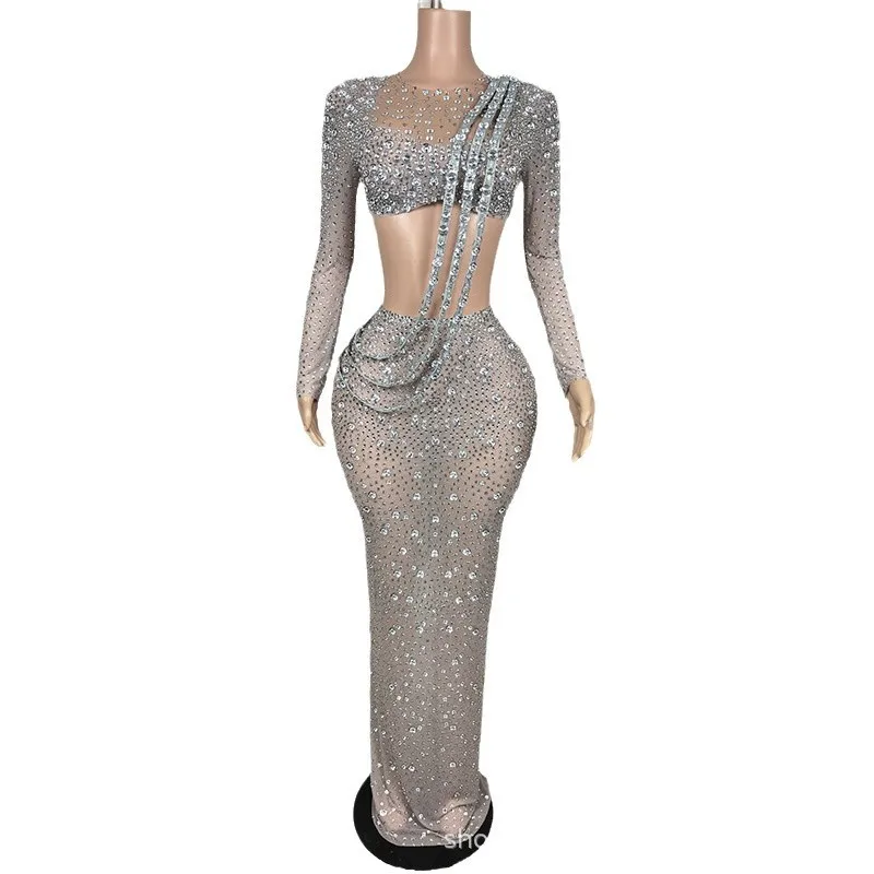 High-end Silver Nude Rhinestone Women's High-end Dress Adult Model Catwalk Trendy Clothing Company Annual Meeting Evening Dress