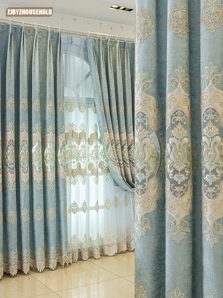 

Simple European Light Luxury Curtains for Living Dining Room Bedroom Balcony Window Thickened Chenille Embroidery Light Blue