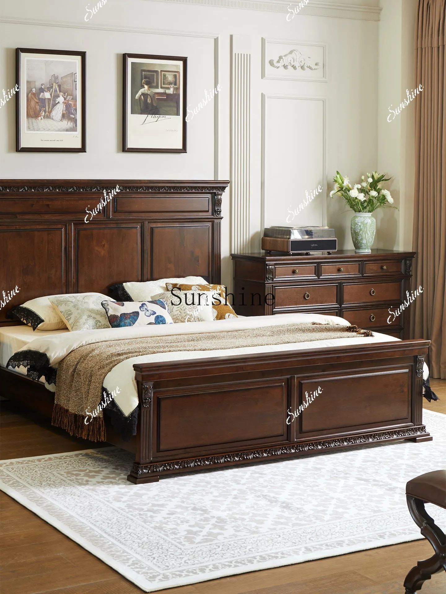 

American retro pure solid wood nine bucket bedroom storage carved storage living room villa vertical cabinet TF