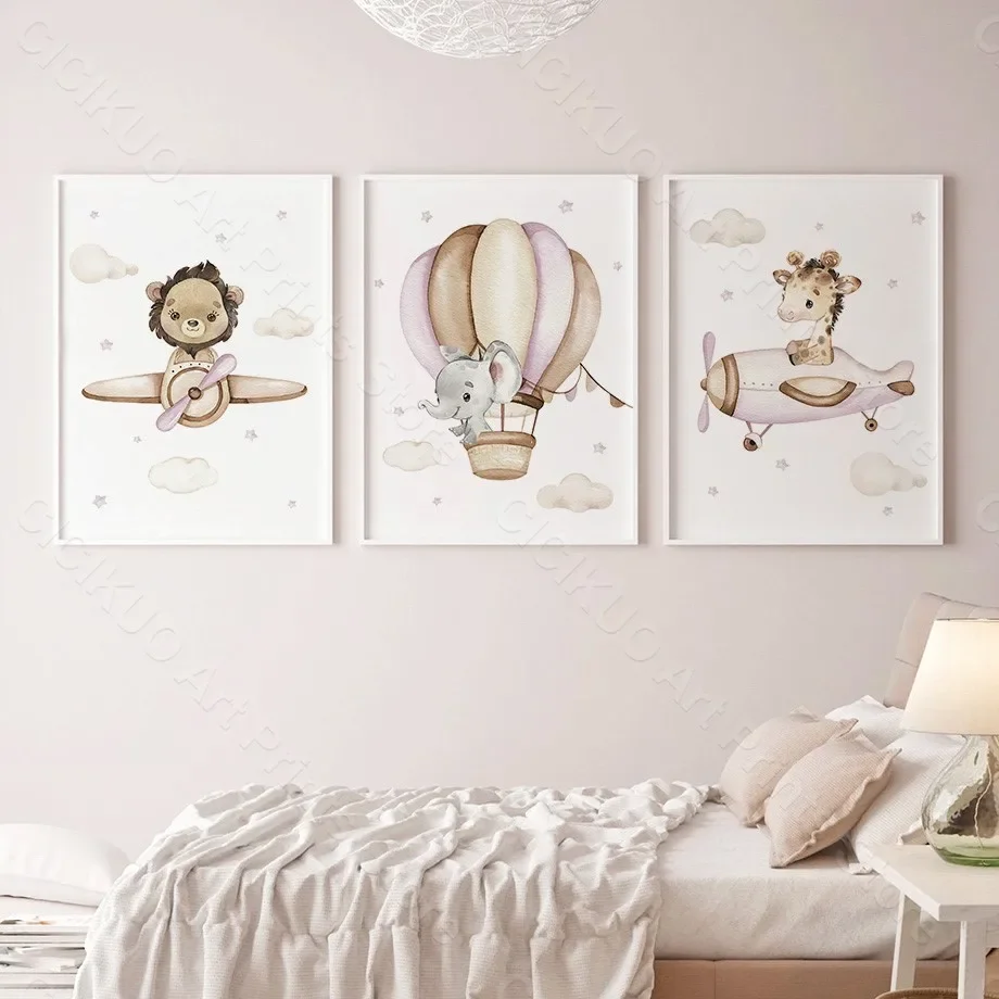 Safari Hot Air Balloon Airplane Animals Airship Pink Nursery Wall Art Canvas Painting Posters Prints Pictures Kids Room Decor