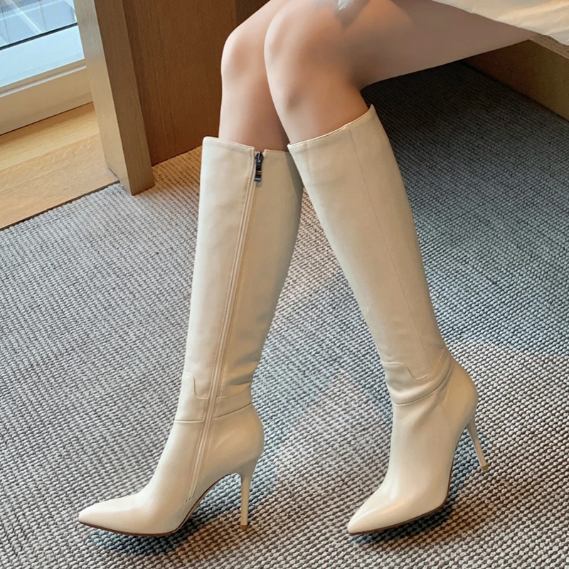 

INS Knee High Boots Women Genuine Leather Fashion Pointed Toe Heels Ladies Party Shoes Women's Winter Autumn Chelsea Boots Brand
