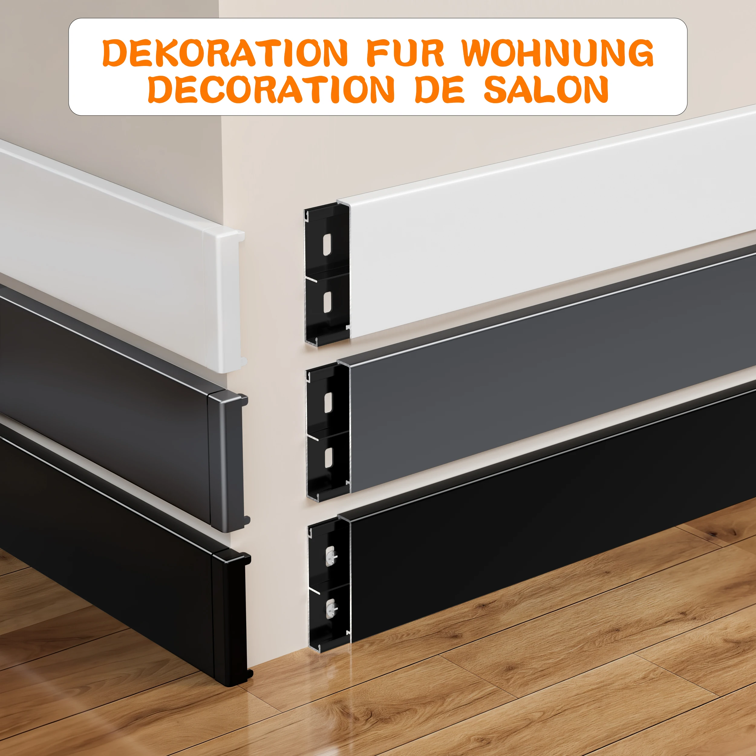 Aluminum Baseboard 80cm 3Pcs Set, Screw Fixation Metal Wall Trim, Minimalist Skirting Board, 4 Colors Silver Black Gold White
