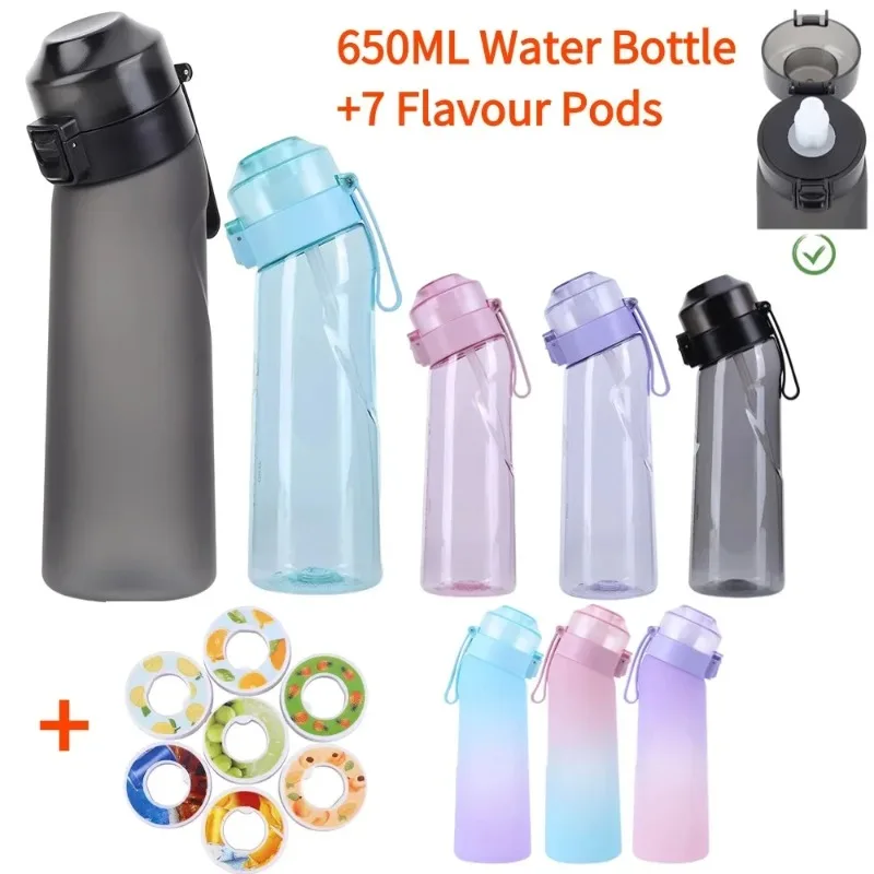 Flavored Water Bottle with 7 Flavour Pods Air Bottle Frosted Black 650ml Air Starter Up Set Water Cup for Camping Sport