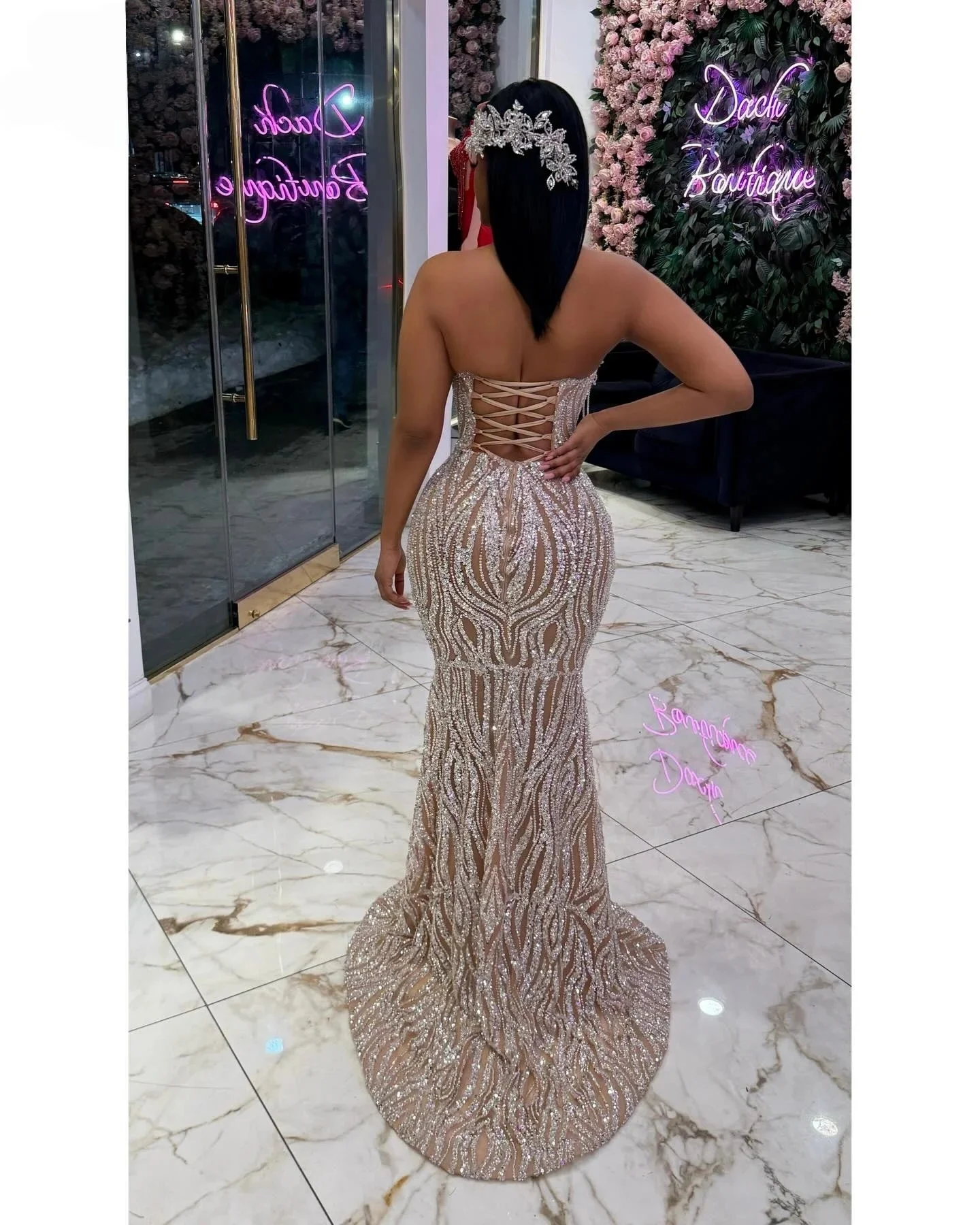 Silver Long Prom Dresses For Black Girls Sweetheart Beaded Sparkly South African Evening Gowns Birthday Party Robe Customized - view 2