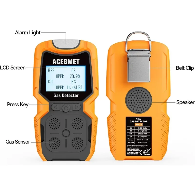 Gas Detector,   4 Gas Monitor Multiple Indicator (Vibration, Audible, Visual) H2S, O2, CO and LEL 4 Gas Monitor Personal