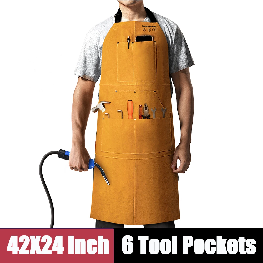 ARCCAPTAIN Leather Welding Apron Heat Flame-Resistant Heavy Duty Work Forge Apron 100% Cowhide With 6 Pockets 42Inch Large