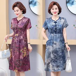 Summer Fashion Floral Silk Satin Luxury Midi Dress Vintage Bodycon Prom Clothes 2024 Chic Dresses for Elegant 50 Year Ladies
