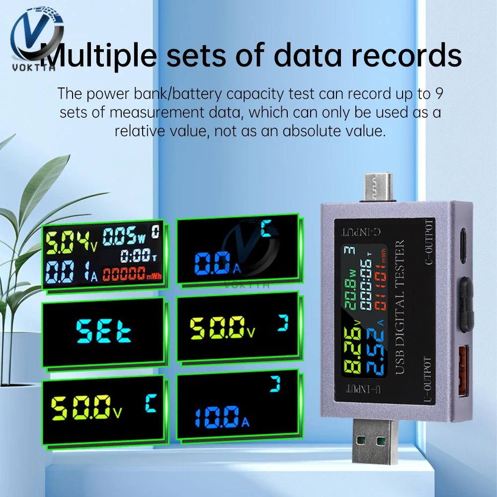 DC 4.5-50V 0-8A USB Type-C Tester Multi-function Digital Display Voltage Ammeter Power Meter DC Power Bank Charging Indicator