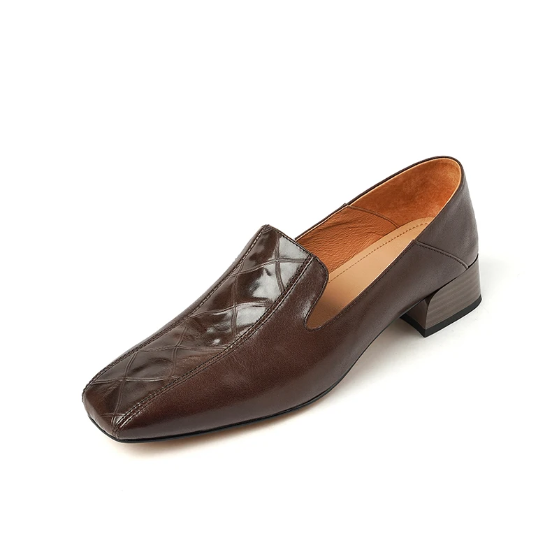 

Fashion Women Square Toe Loafers 3cm Block Heel Genuine Leather Slip On Shoes with Textured Detail Black Brown