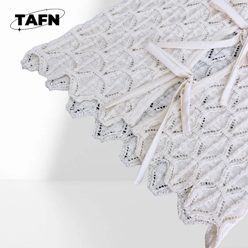 100%Cotton Women Knit Cardigan Multiple Bow Tie Front Long Sleeve Scalloped Thin Cropped Sweater French Chic Spring  BG1754