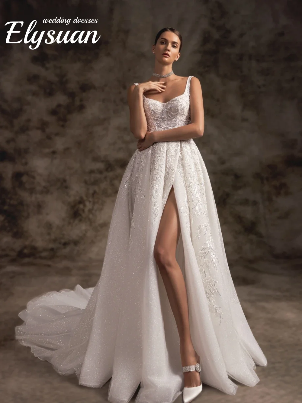 Customized 2026 Glitter A-line Tulle Long Bride Robe Elegant Spaghetti Straps Bridal Gown Sexy High Slit Weddding Dresswes Robe