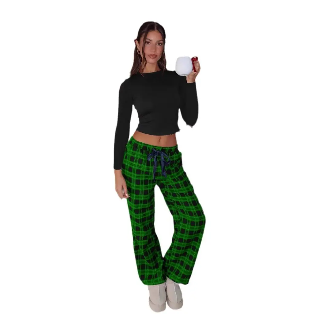 

American Fashion Christmas Plaid Drawstring Casual Pants Slim-fit Straight Long-Sleeved T-Shirt Suit All-Match Women's Ensemble