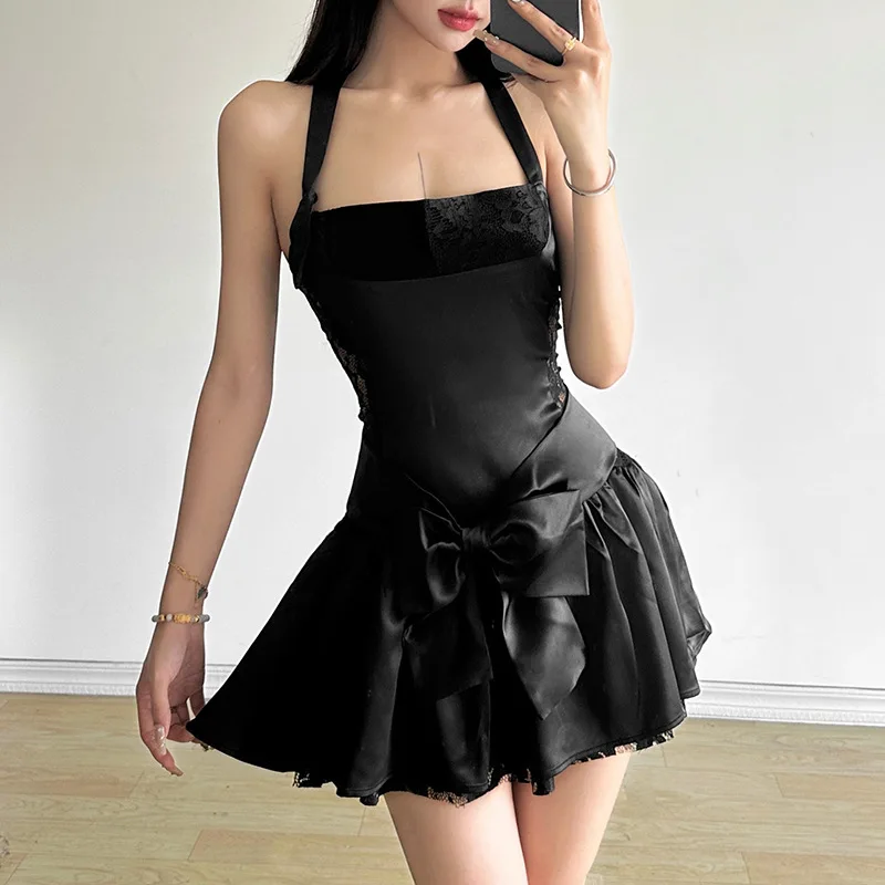 2024 Summer Women\'s Pure Desire Hot Girl Style Bow Halter Neck Backless Slim Dress Elegant Sexy Party Dress Club Outfit