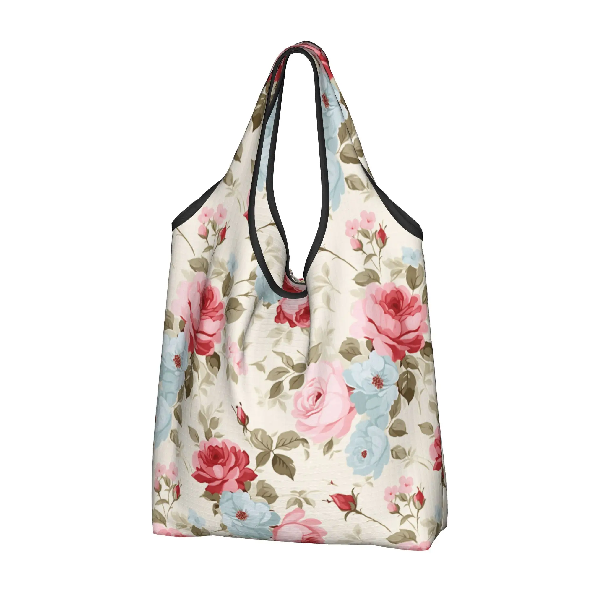 Recycling Rose Flowers On Lvory Shopping Bag Women Tote Bag Portable Pink And Blue  Groceries Shopper Bags