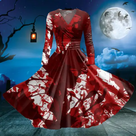 महिलाओं के लिए खूनी हेलोवीन पोशाक प्लस आकार लंबी आस्तीन लपेटें पोशाक महिलाओं के लिए एक लाइन मिडी पोशाक विंटेज हेलोवीन कपड़े Vestidos 8 best sales हरा गाउन - №6