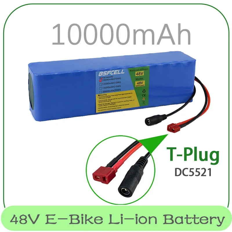 

T-Plug+DC5521 Разъем и литий-ионный аккумулятор BMS 48 В для электронного велосипеда, 10000 мАч