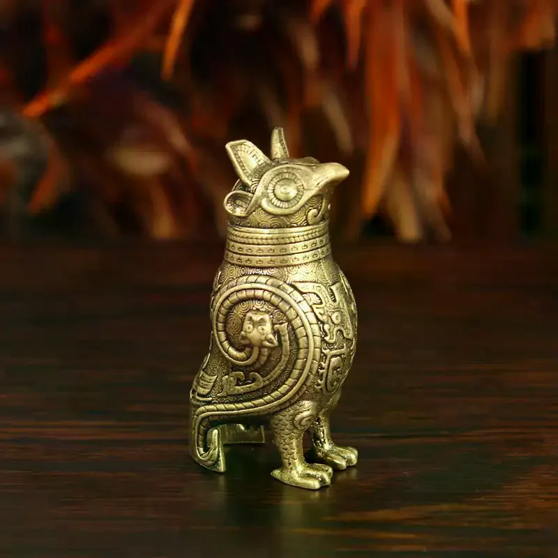 Retro Style Ancient Owl Zun Bronze Vessel Metal Craft For Tea Table Entrance Decor Chinese Cultural Artifact Collectible
