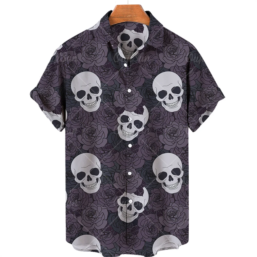 Hawaiihemd mit Totenkopf-Print, kurzärmelig, locker geschnitten, atmungsaktiv, Hip-Hop-Stil, schnelltrocknend, bequemes Herrenhemd für den Strand – Detail 18