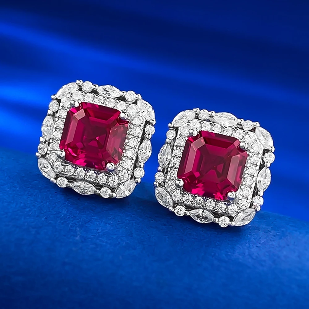 Wong Rain Vintage 925 Sterling Silver Asscher Cut 7*7 MM Ruby High Carbon Diamond Gemstone Studs Earrings Jewelry Free Shipping