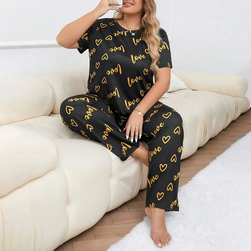 

Heart Letters Print Pajama Set For Women Plus Size Satin Short-Sleeve Top And Pants Comfortable Relaxed Fit Loungewear Sleepwear
