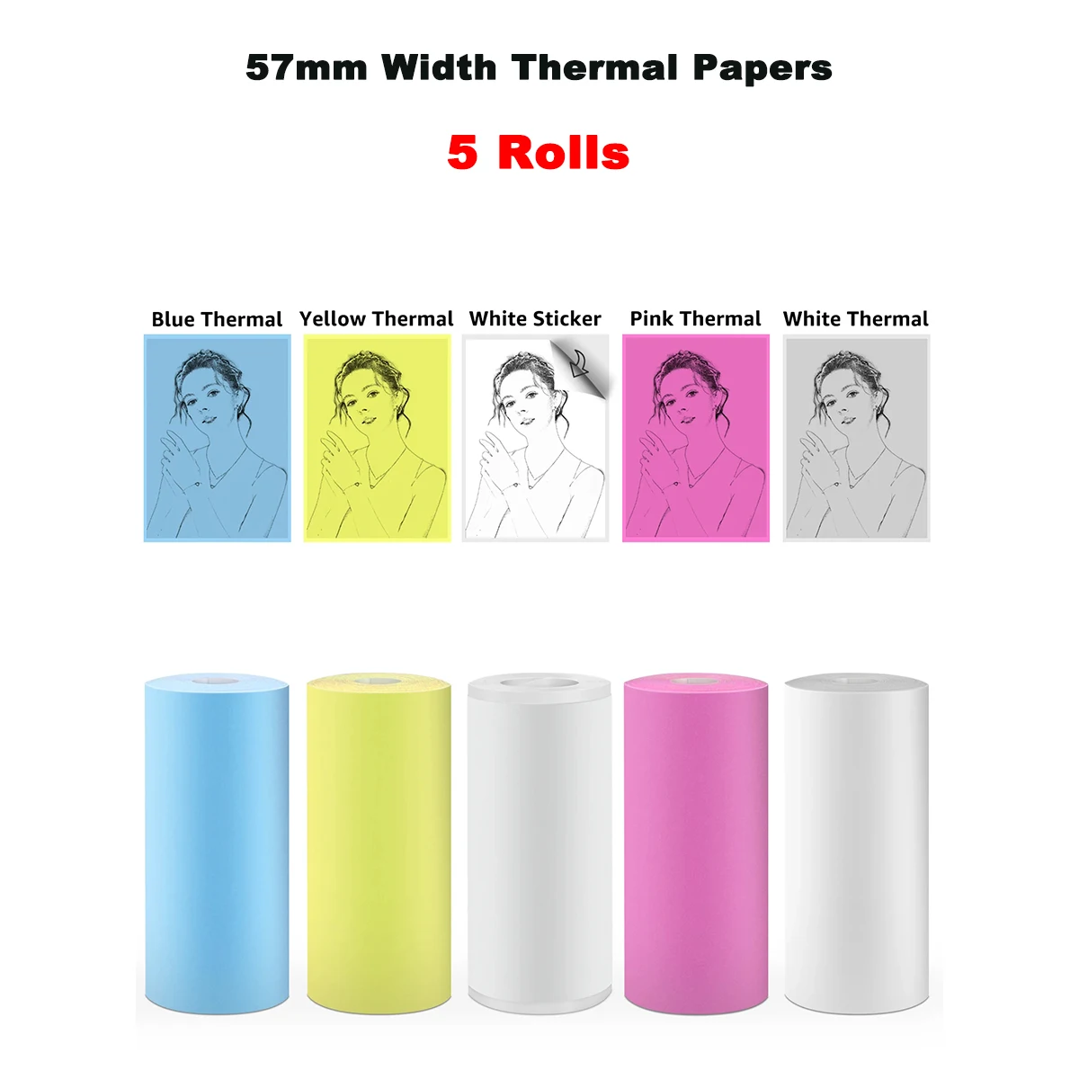 5Rolls 57x25mm Printer Thermal Paper Rolls Photo Paper Colorful Self-adhesive Sticker Paper for Mini Portable Thermal Printer