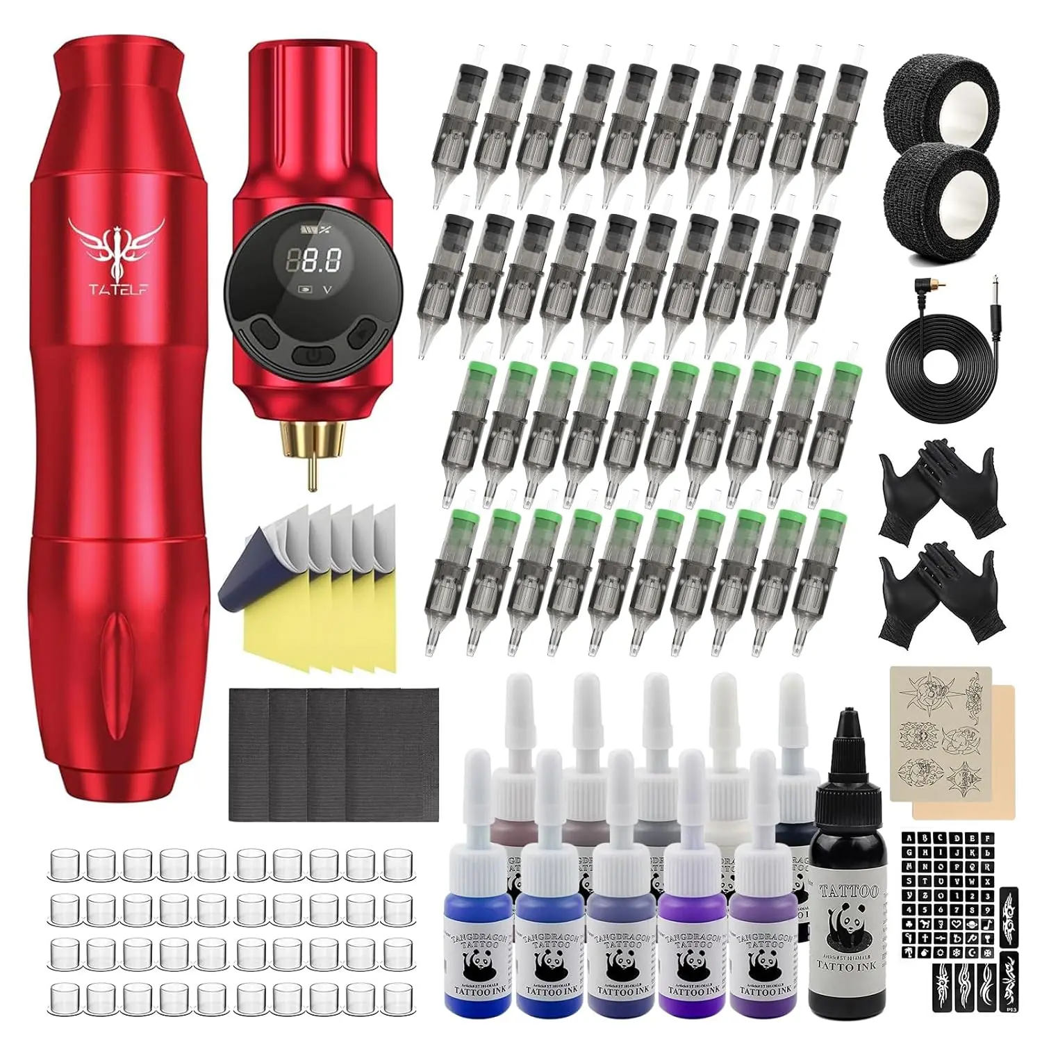 

Complete Wireless Tattoo Kit for Beginners - Rotary Pen, 2000mAh Battery, 40 Needles, 11 Inks, Practice Skin, Red