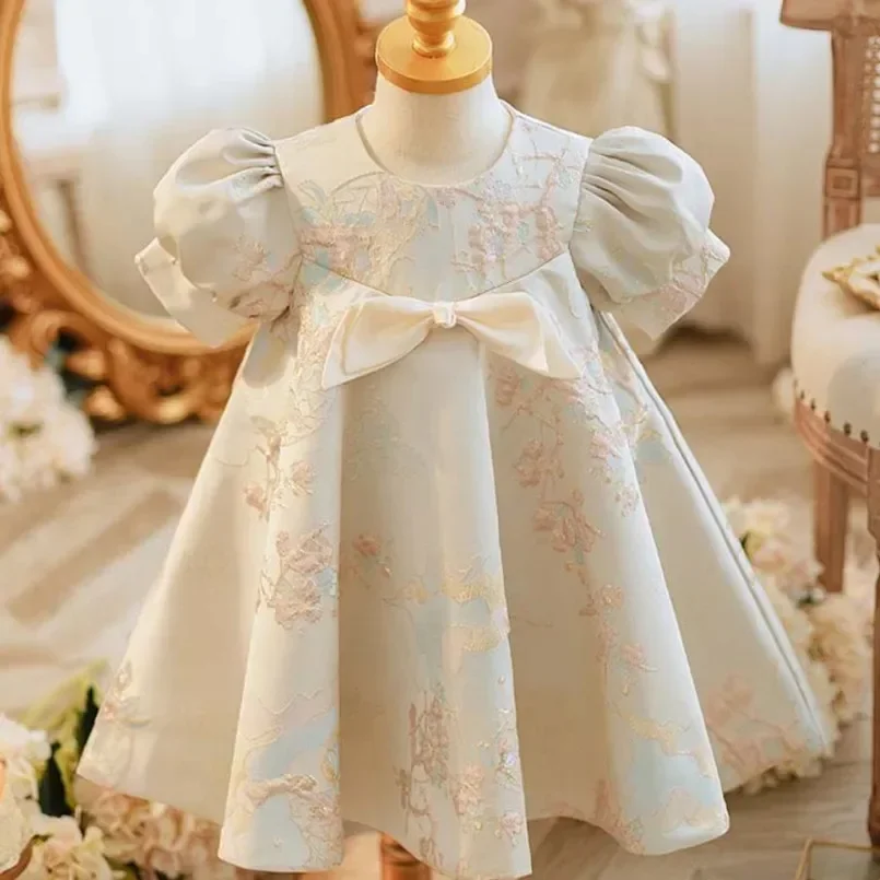 

Baby Girls Luxury Party Dress For Summer Bow Printed Design Children Ball Gowns For Baptism Infant Vintage Evening Dress