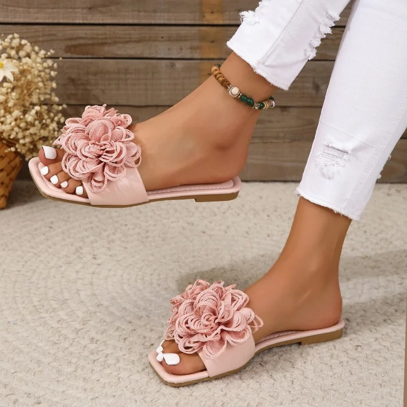 Women\'s Flower Flat Slippers 2023 Summer Plus Size Shoes New Square Toe Slides Shoes for Women Outdoor Casual Ladies Sandals