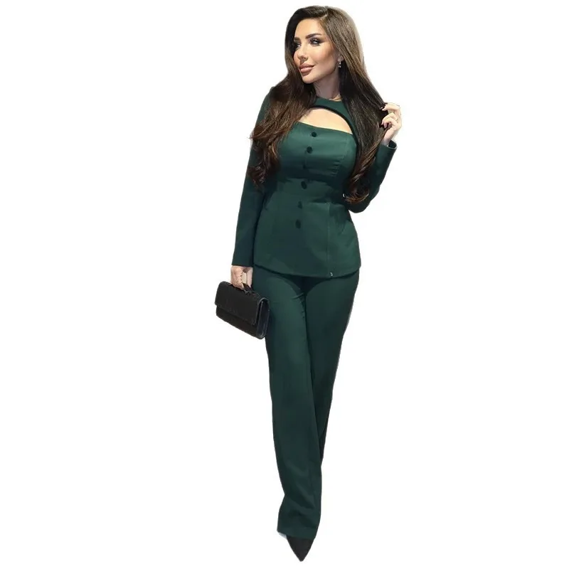 ヨーロッパ、アメリカ、アマゾン、冬の新作ファッション、上品なグリーンのウエストストレートパンツセット、海外貿易、越境婦人服