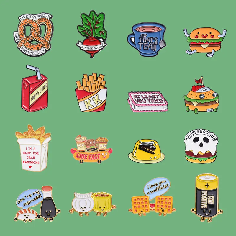 Broche de la serie de alimentos, insignia de Metal con forma de bebida de hamburguesa y patatas fritas, regalos pequeños, alfileres de solapa al por mayor para ropa, insignias para mochila, gorra