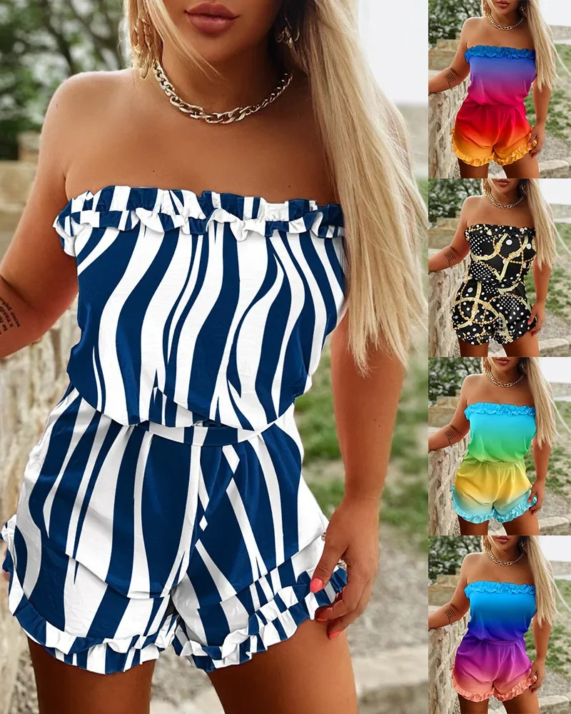 Sexy Sweet Printed Fashion Bandeau Romper Summer Short Jumpsuit 2024 Polyester Beach Vacation Casual High Waist Playsuits