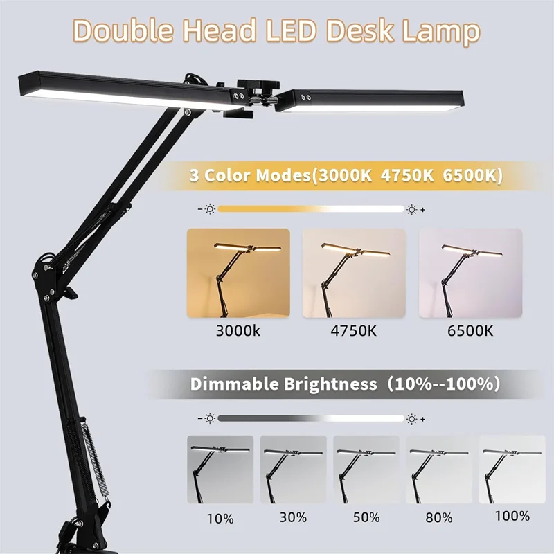 LED Desk Lamp for Home Office, Clamp-On with 5 Light Modes & Auto Shut Off , Eye-Caring Lighting for Study/Bedroom/Computer Desk