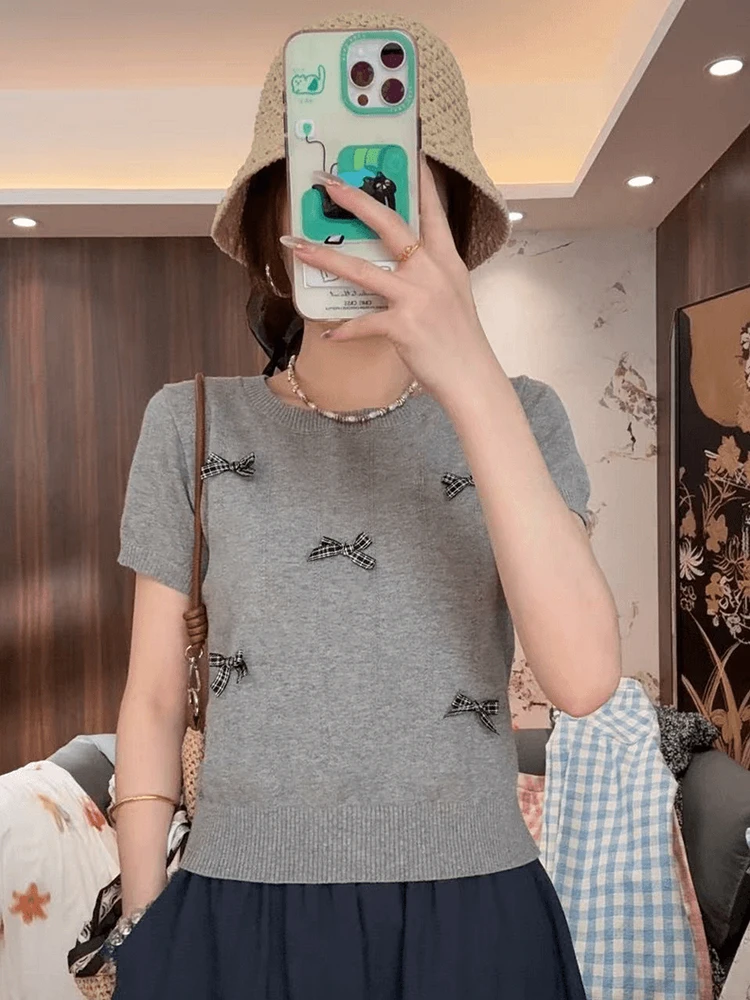 

Модный женский летний пуловер с круглым вырезом, вязаный, с декоративным узлом, из ледяного шелка, с коротким рукавом