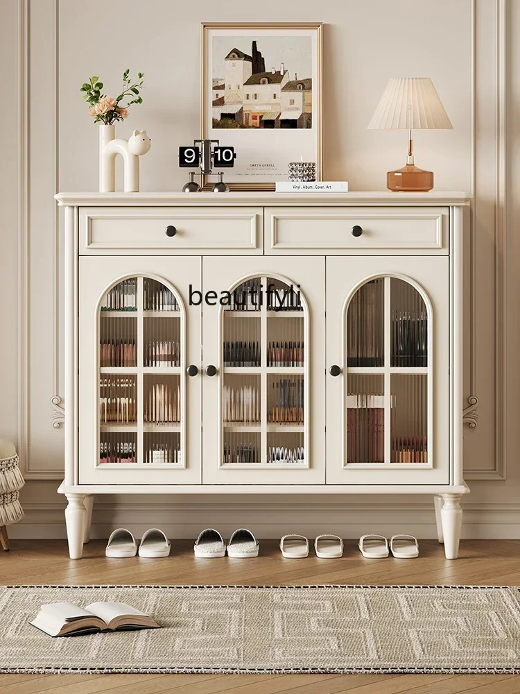 

French cream style all solid wood, entrance cabinet integrated household door entry American three-door storage cabinet