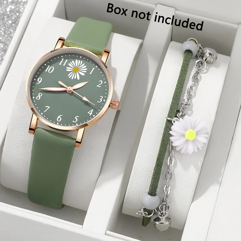 2pcs/1pcs Round Hand Quartz Watch Cute Daisy Charm Electronic Watch Set