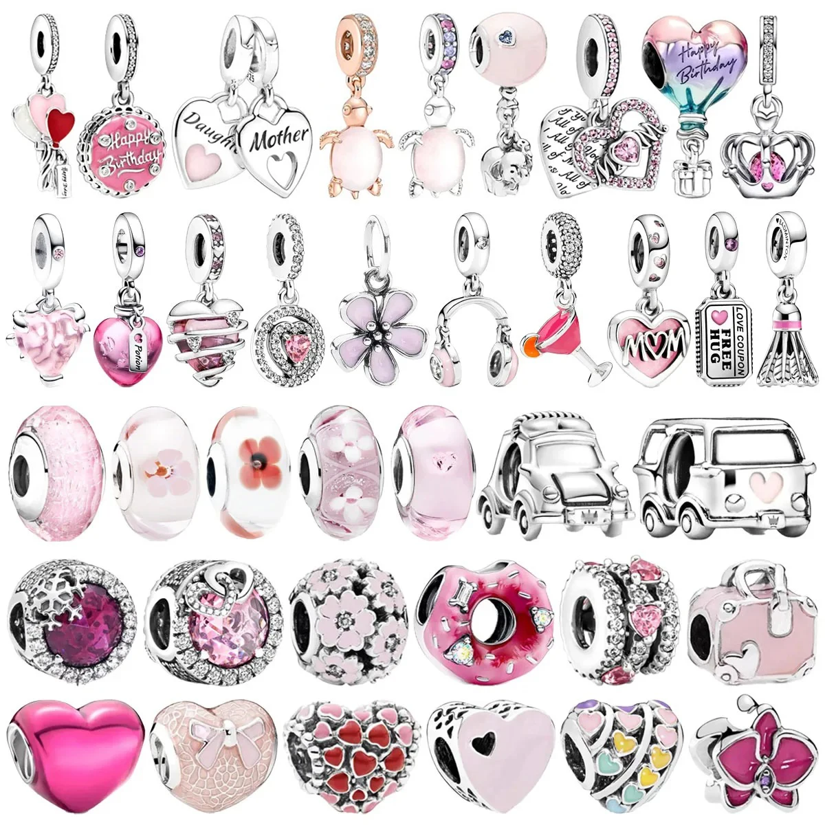 

Original 925Sterling Silver Pink Animal Car Heart Murano Lucite Beads Beaded Pendant for PandoraDIYBracelet Women's Jewelry Gift