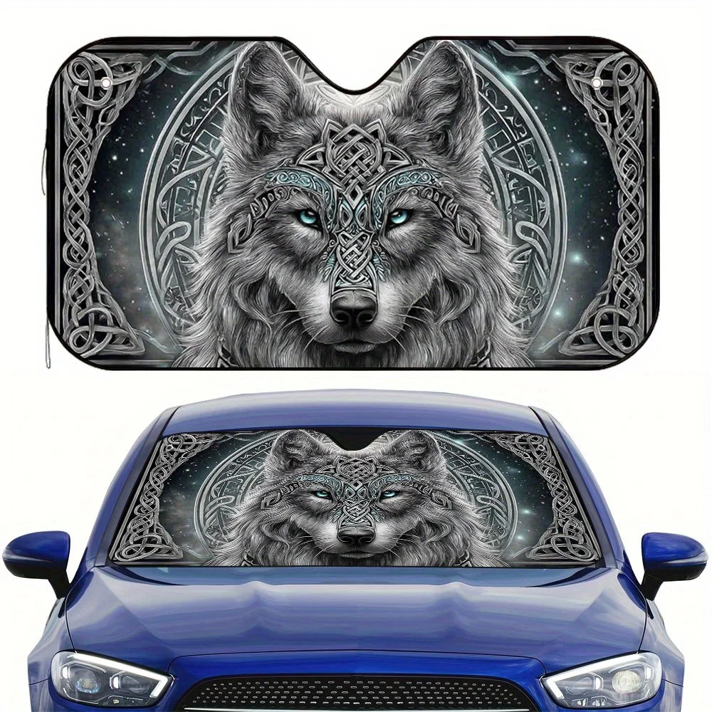 One Piece Of A Two-Dimensional Flat Celtic Wolf Illuminated Print Sunshade For Cars – Both Fashionable And Practical, It Helps M