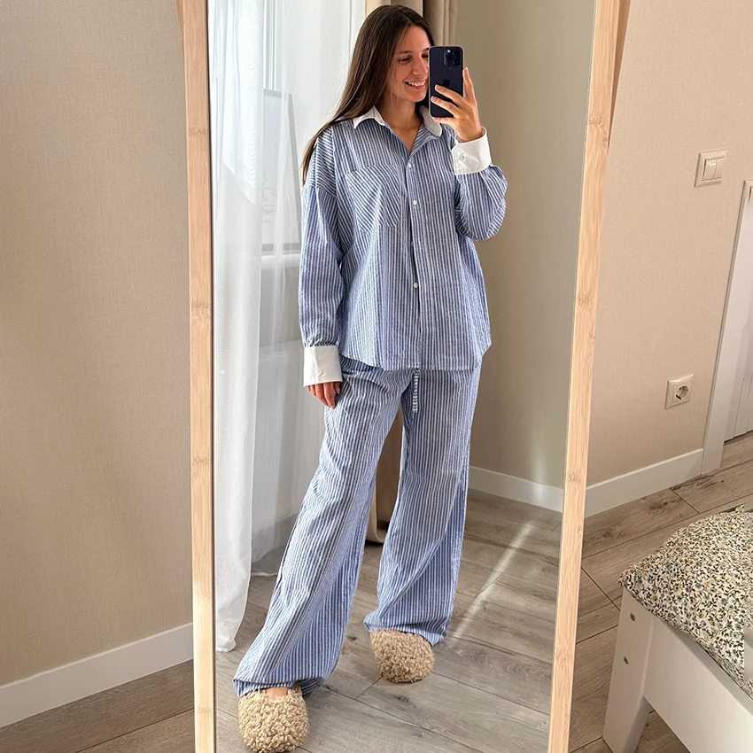 

HiLoc Autumn Home Stripe Long Sleeve Shirts Sets Pajamas 2025 Casual High Waist Long Pants Wiht Lapel Blouse Two Piece Sets