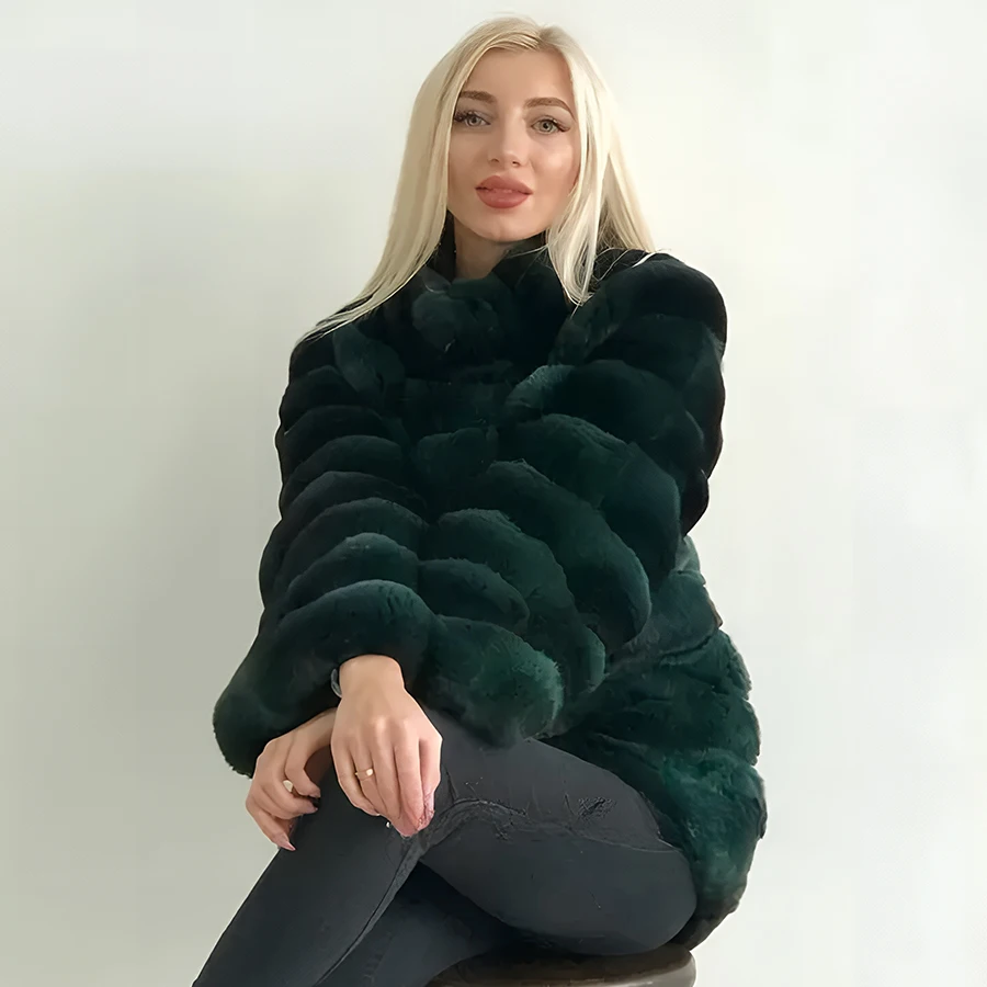 Chinchilla Rex Rabbit Fur Coat Women Rabbit Fur Jackets Winter Clothes Woman Luxury High Quality Real Fur Jacket