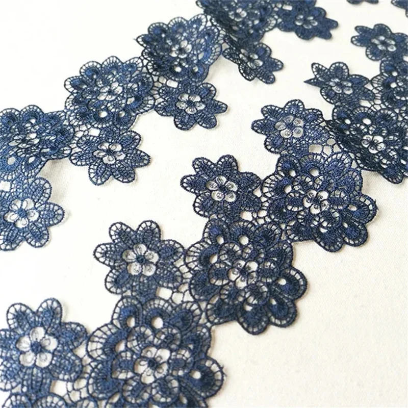 8.5CM Wide Exquisite Navy Blue Cotton Guipure Lace Fabric Embroidered Flowers Fringe Ribbon Collar Trim DIY Dress Sewing Decor