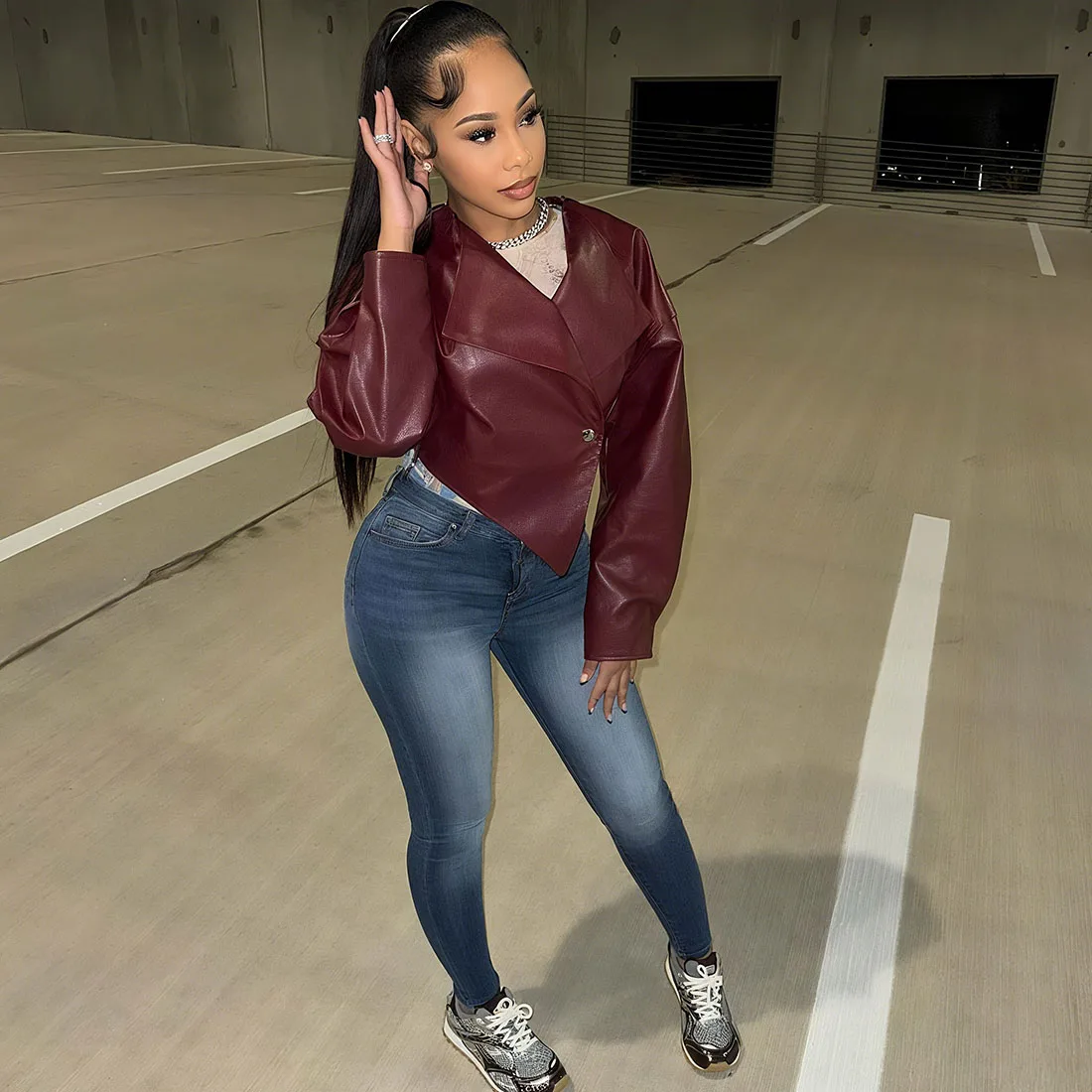 Herbst frauen PU Leder Jacken Fashion Solid Revers Volle Hülse Dünne Unregelmäßige Crop Mäntel Oberbekleidung Y2K Streetwear