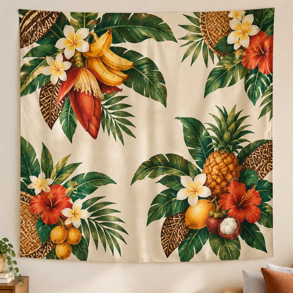 VIKAMA Tropical Flowers Fruit Clustered Groups Tapestry Wall Hanging, Tropical Wall Decor Tapestries for Living Room Bedroom