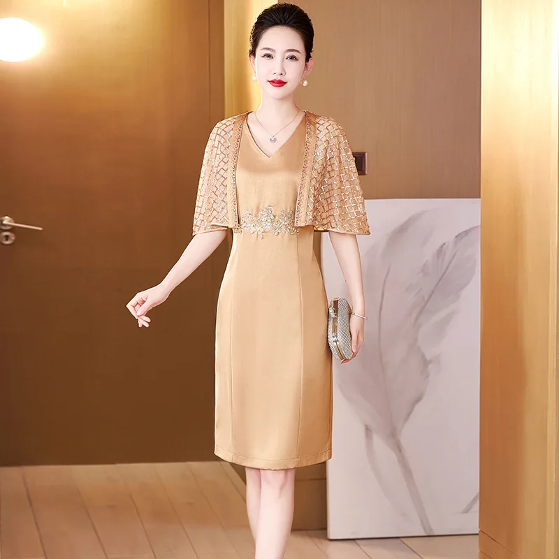 Yourqipao Autumn 2023 Classic Champagne Gold Elegant Noble Dress Grandma Fashion Chinese Style Wedding Evening Dress for Women